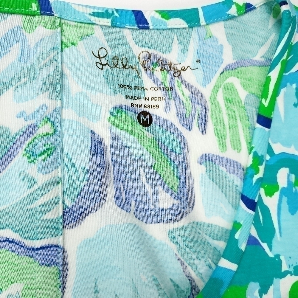 New Lilly Pulitzer 100% Pima Cotton Blue Green White Floral Dress Sz M - Picture 3 of 16
